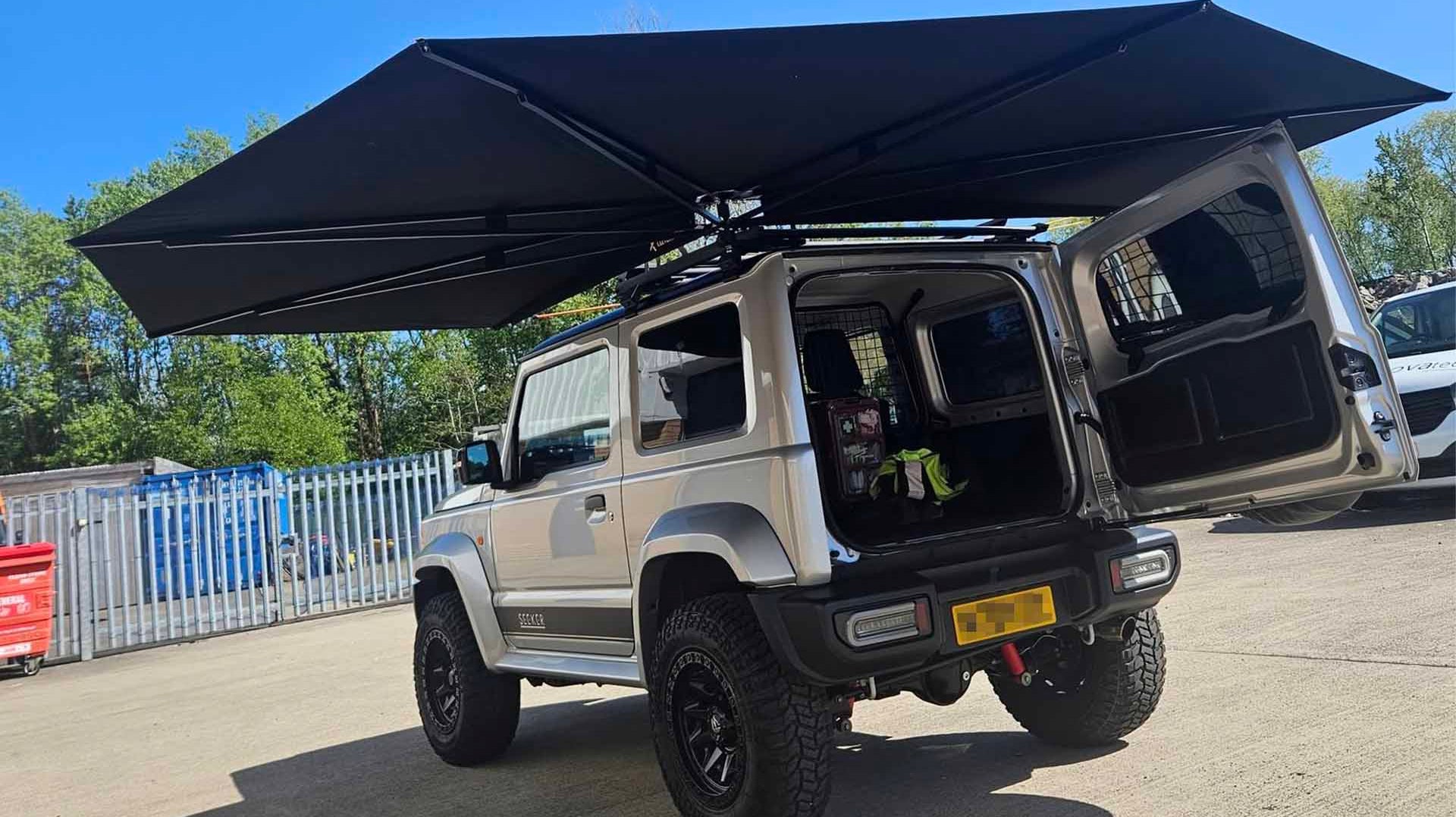 Suzuki Jimny (2018+) fitted with 3.6m Clevershade 270 Degree Ultra-Lite Awning and various JimnyStyle accessories