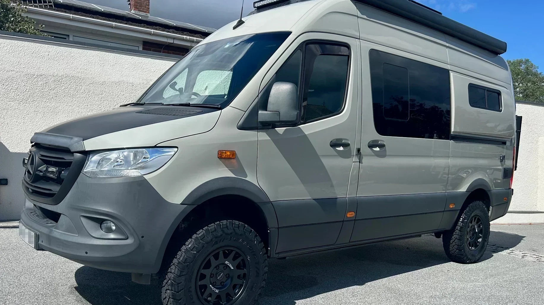 Mercedes Sprinter (2007+) with 16" EVO Corse DakarZero wheels in Matte Black with BF Goodrich KO3 tyres in a 265/75R16 size