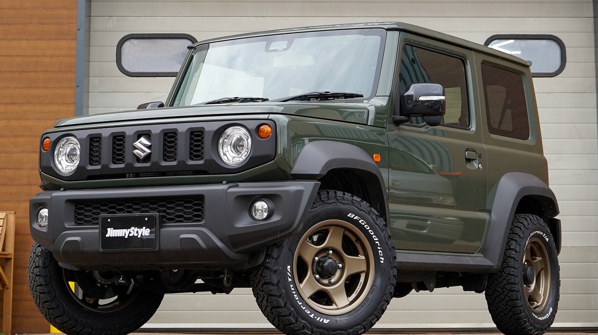 Suzuki Jimny (2018+) with 16" BRADLEY V wheels in Matte Bronze and BF Goodrich KO3 Tyres. All installed at our workshop in Holmes Chapel, Cheshire.