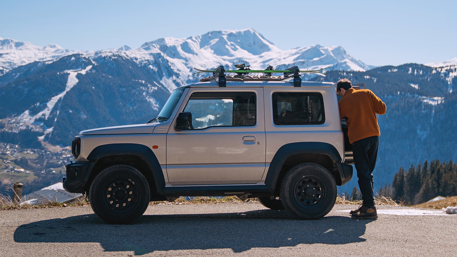 Suzuki Jimny (2018+) with Front Runner Load Bars, Pro Ski, Snowboard & Fishing Rod Carrier and Rear Ladder with a huge thanks to Somewhere Wilder
