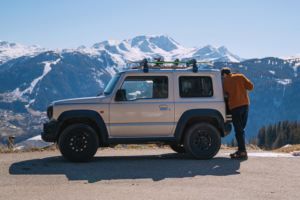 Suzuki Jimny (2018+) with Front Runner Load Bars, Pro Ski, Snowboard & Fishing Rod Carrier and Rear Ladder with a huge thanks to Somewhere Wilder